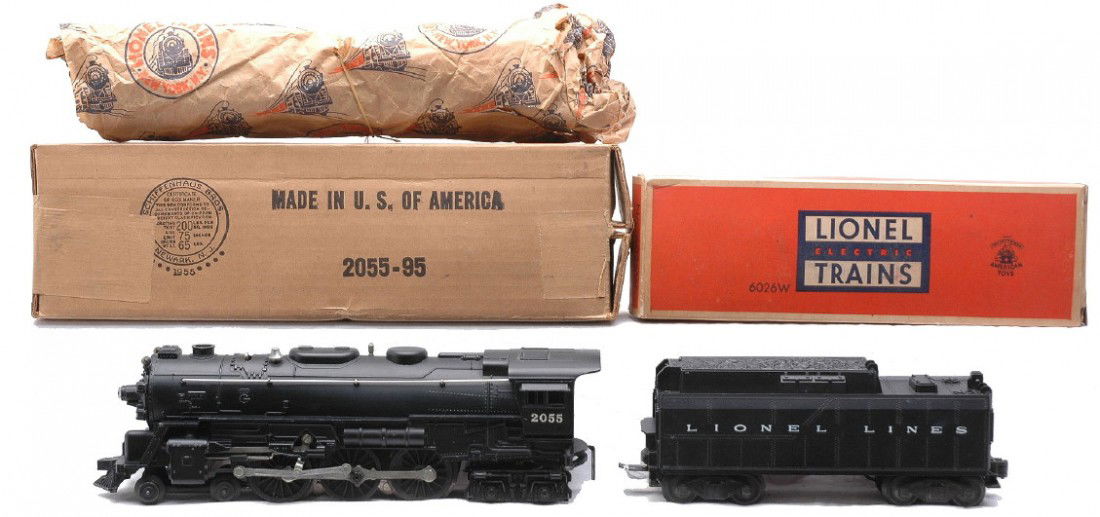 Lionel 2055 Steam Loco 6026W Tender OBs: Lionel postwar 2055 black 4-6-4 steam loco with original paper and a 6026W tender both in OBs. The loco and tender are C8. The OBs are complete with all flaps.
