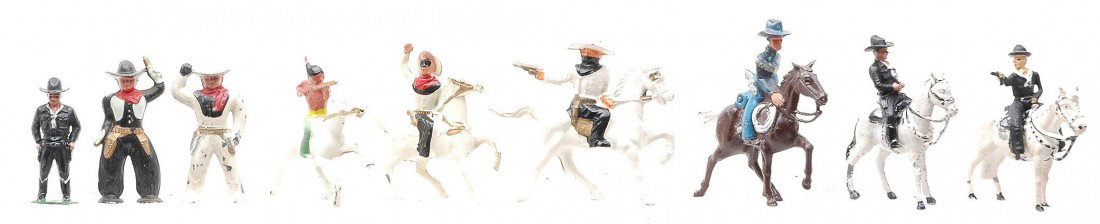 Timpo Hopalong Cassidy Barclay Cowboys: Timpo Hopalong Cassidy figures including two riding horses and one standing. Also included are Barclay two mounted bandits, two pod feet cowboys, an Indian on a horse and a Manoil cowboy on horse. The