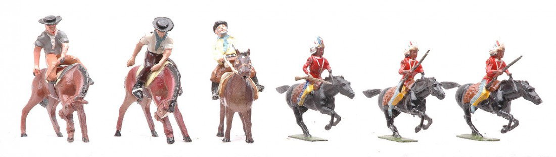Britains 3 Indians E.Q. Toys 3-Cowboys w/Indians: Britains three Indians on horses and E.Q. Toys Industries of Argentina three Cowboys on horses. The figures have minor paint wear.