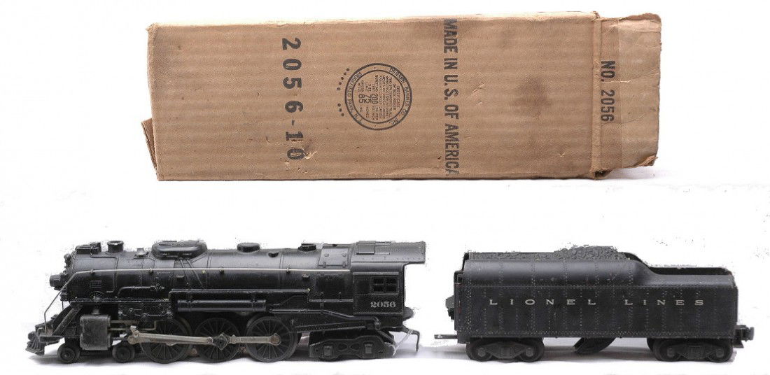 Lionel 2056 Steam Loco OB 2046W Tender: Lionel postwar 2056 black 4-6-4 steam loco in OB with an original cardboard insert. The engine cab has been repainted. Also included is a 2046W tender that has a broken rear step. The loco and tender