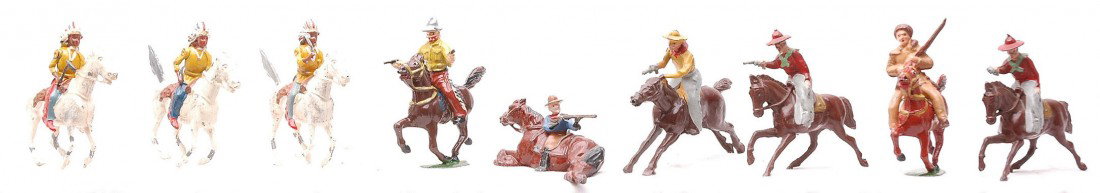 Britains Timpo Toys J Hill Co. Figures on Horses: Britains three Indians on horses with movable arms. Also included is two Timpo Toys cowboys on horses and four John Hill & Co. cowboys on horses. All have minor to moderate paint loss.