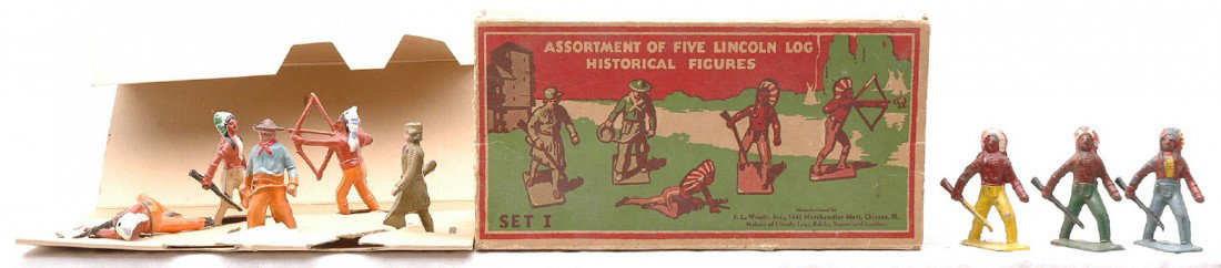 Lincoln Log five Historical Figure Set in OB: Assortment of five Lincoln Log Historical figures Set I in original box with insert. The set figures have minor paint loss. Also included are three additional Lincoln Log Indians with moderate paint l