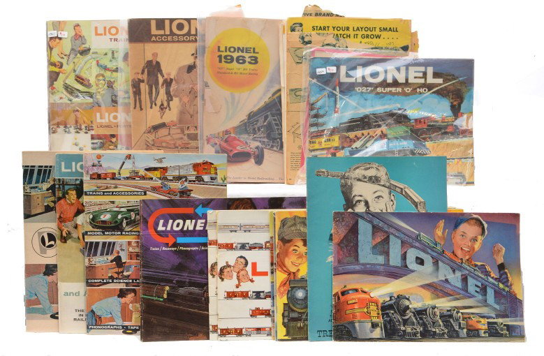 Lionel Postwar Selection of Consumer Catalogs: Lionel postwar consumer catalogs including; 1952, 1954, two 1955, 1956, 1957, three 1959,three 1960, four 1961, three 1962, two 1963, 1964, two 1966. The catalogs range in condition from mint to minor