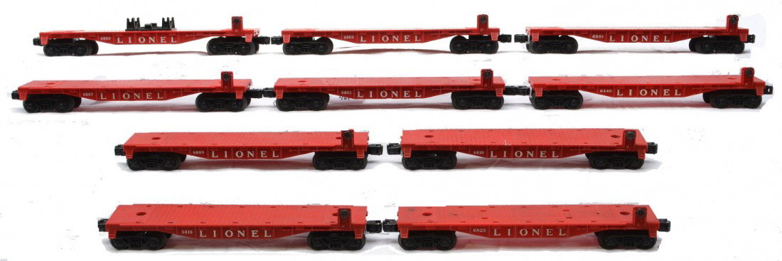 Lionel ten Flatcars ONLY Missing the Loads: Lionel postwar flatcars only all missing the loads including; 6440 vans, 6801 boat, 6802 steel girder, 6803 USMC tank and truck, 6807 boat, two 6809 USMC trucks, two 6810 trailers and a 6825 trestle b
