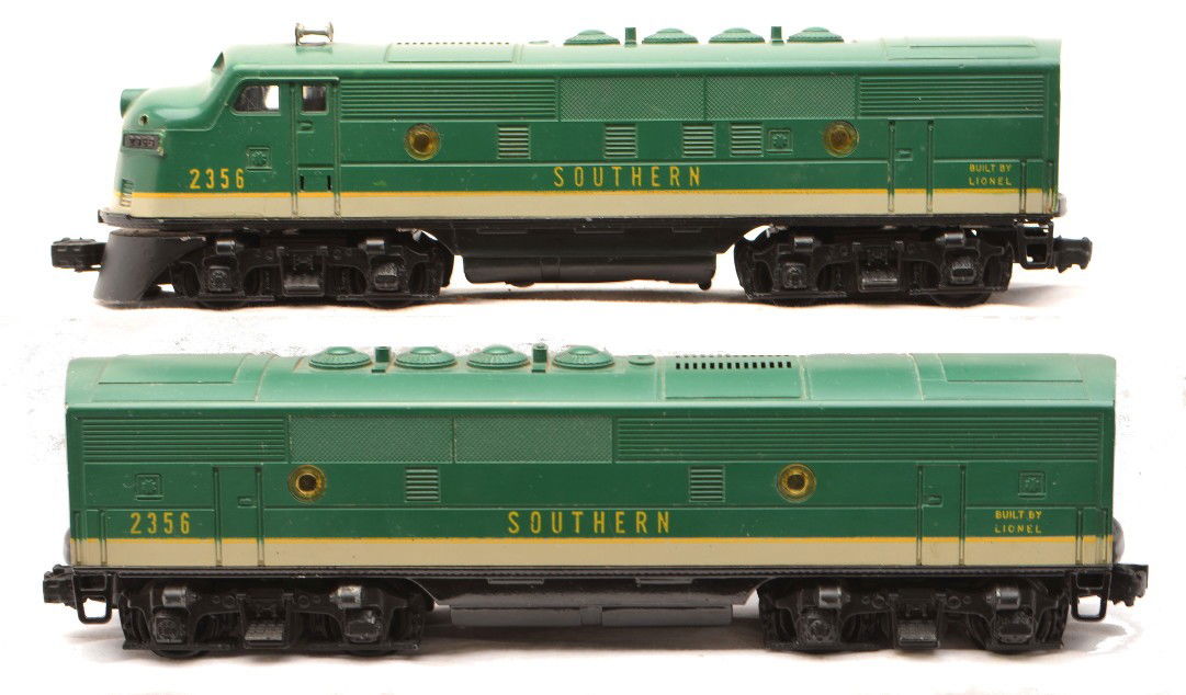 Lionel 2356/2356C Southern F3 AB Units: Lionel postwar 2356 Southern F3 A diesel unit and a 2356C Southern F3 B unit. Both chassis have been repainted. The power A unit has holes drilled above each number plate and is missing one ladder. Th
