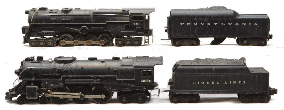Lionel 681 Loco PRR Tender 2056 Loco 6466T: Lionel postwar 681 black 6-8-6 steam loco with a Pennsylvania four wheel tender with broken steps. Also included is a 2056 black 4-6-4 steam loco that has been renumbered and a 6466T tender. Locos and