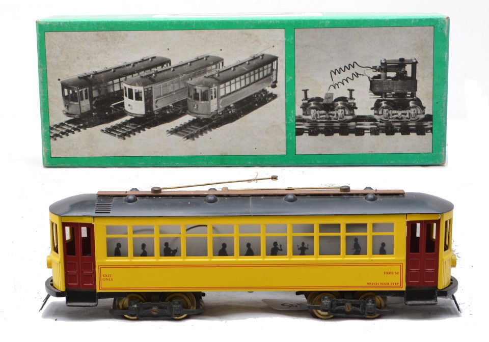 Bowers Yellow Trolley w/Tin Plate Wheels OB: Bowser tin yellow trolley with plate wheels and instruction sheet in OB, C7.
