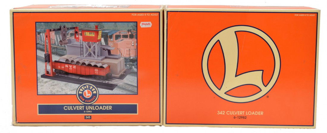 Lionel 12982 Culvert Loader 12983 Unloader MIB: Lionel 12982 342 culvert loader and a 12983 345 culvert unloader both in OBs, C9.