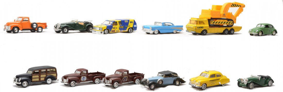 Assortment of Vehicles Solido K-Line Matchbox: An assortment of vehicles including; four Solido, one K-line, two Ertl, one Corgi, two matchbox, one Road Champ and a Rio Volks Wagon. Also included is a plastic bull dozer. Please view photo to verif