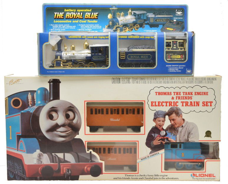 Lionel 81011 Thomas the Tank New Bright 2170 OBs: Lionel G gauge 81011 Thomas the Tank Engine & Friends electric train set in OB, C7. Also included is a G gauge New Bright no. 2170 Royal Blue loco and tender in OB, C8.
