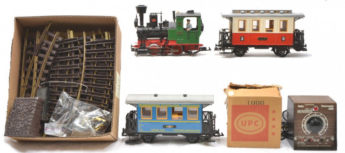 LGB G Ga. Passenger Set w/Track Transformer: LGB G gauge passenger set with no. 2 loco, dining car, no. 3 observation, bumper, Power Master 1000 transformer, four straight track sections, thirteen curve track sections and a 1206 switch track sec