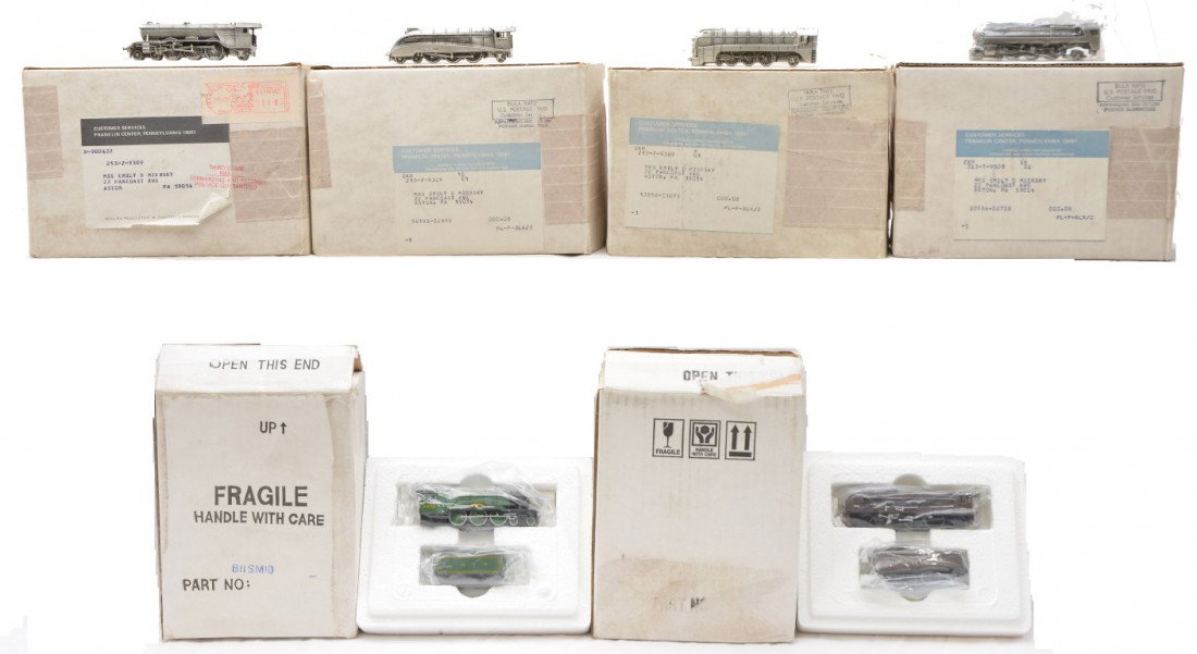 Franklin Mint Pewter Miniature Trains Boxed: Franklin Mint pewter miniature trains including; K4 Pacific, Asia Go, Mallard, Golden Arrow and two Flying Scotsmen all factory new in OBs.