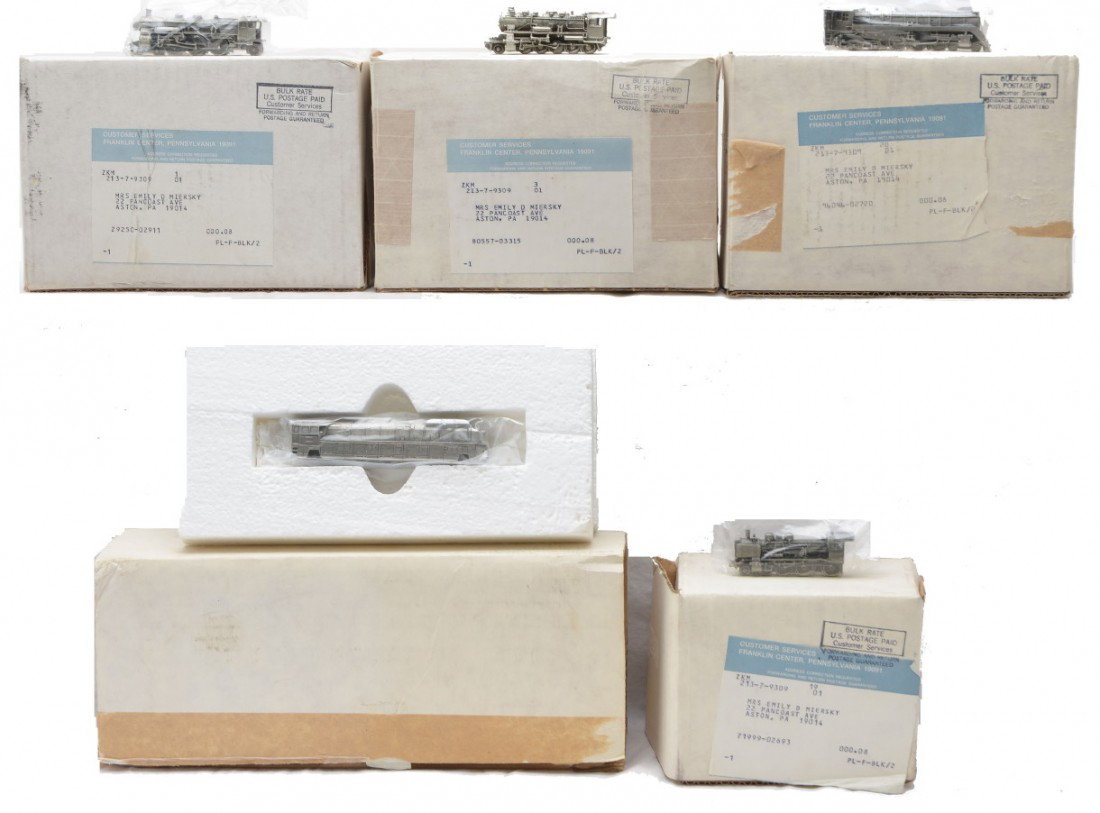 Franklin Mint Pewter Miniature Trains Boxed: Franklin Mint pewter miniature trains including; Royal Hudson, G-12, Class P8, Class S 3/6 and a Class 05 all factory new in OBs.