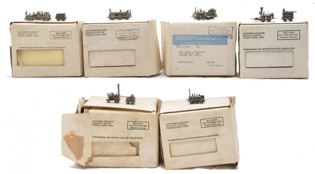 Franklin Mint Pewter Miniature Trains OBs: Franklin Mint pewter miniature trains including; T3, Gladstone, Rocket, Class A Shay, John Bull and Adler all factory new in OBs.