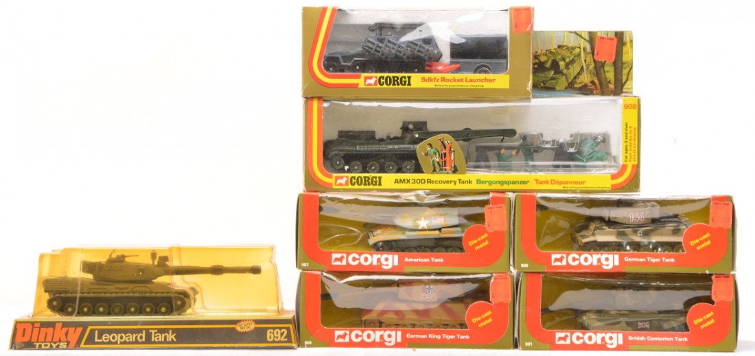 Corgi Tanks 900 902 904 907 908 Dinky 692 OB: Corgi six die-cast tanks including; 900 German Tiger, 901 British Centurion, 902 American, 904 German King Tiger, 907 German Semi-Track Hanomag Sdkfz 251/1 rocket launcher and 908 AMX300 Recovery tank