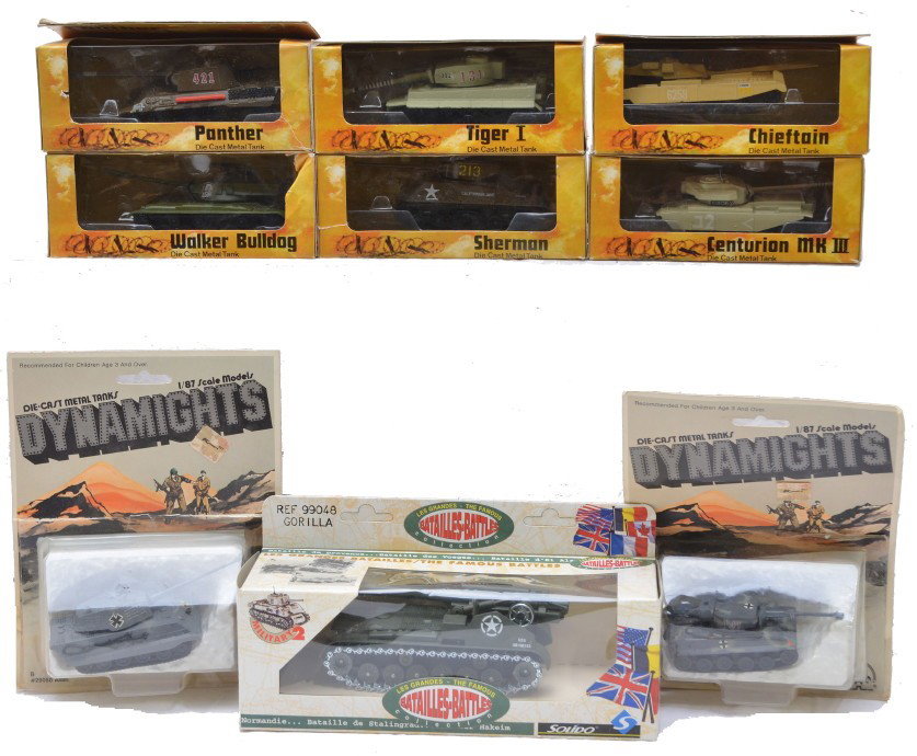 Playart Tanks 7800 7801 7802 7803 7804 OB: Playart six die-cast tanks incuding; 7800 US Army Walker Bulldog, 7801 US Army Sherman, 7802 British Army Centurion MK III, 7803 German Panther, 7804 German Tiger I and 7805 British Army Chieftain in 