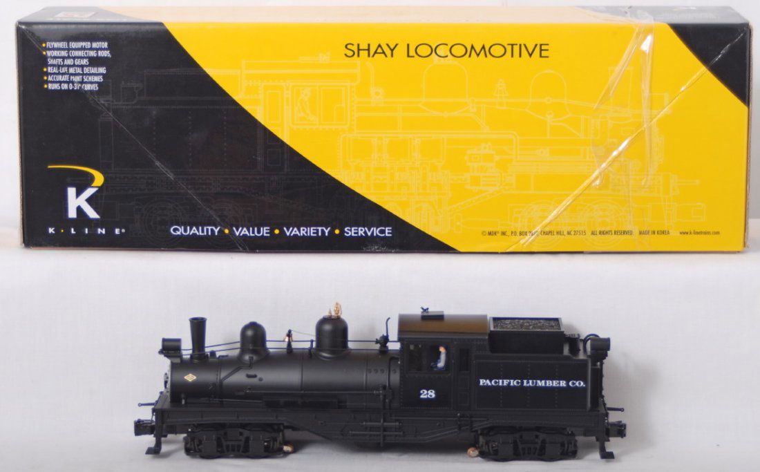 K Line Pacific Lumber Shay with TMCC: K Line modern O gauge K3499-0028CC Pacific Lumber Shay steam locomotive in OB. Loco features TMCC, Railsounds, Electrocoupler, smoke unit and much more. Loco is C8 with run time.