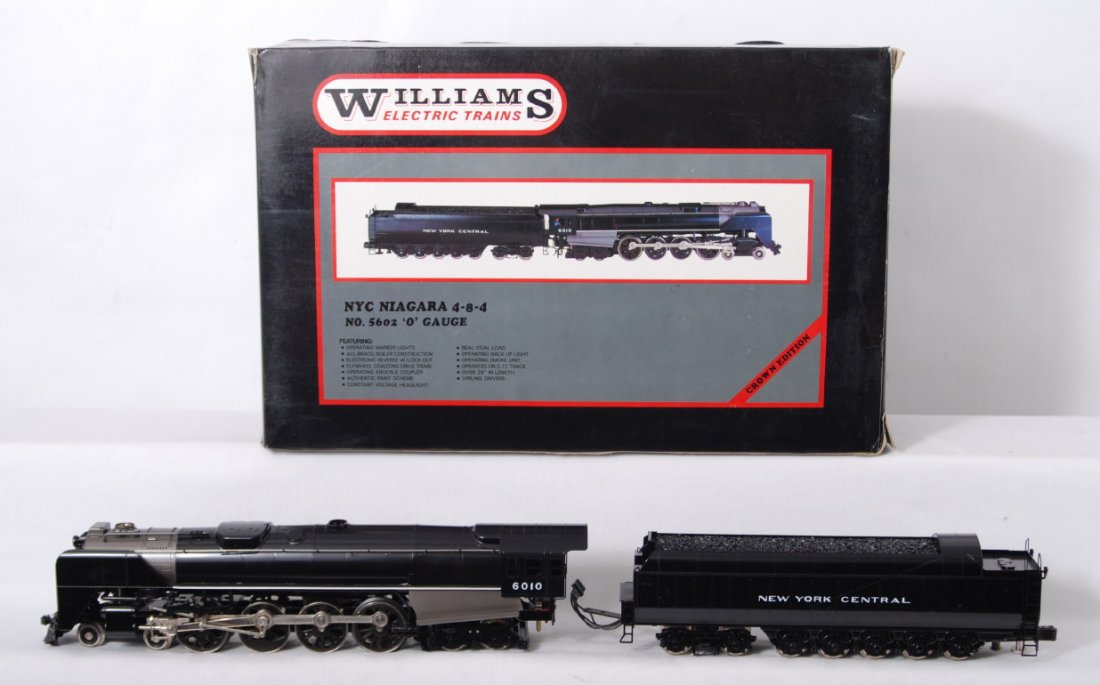 Williams 5602 New York Central Niagra: Williams modern O gauge brass 5602 New York Central Niagra steam locomotive in OB. Loco features smoke, constant voltage lighting, can motor, and more. Loco is C8 with run time. OB is worn and is spli