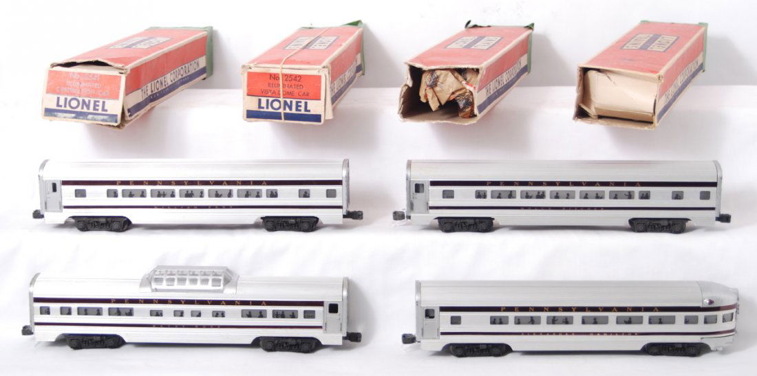 Lionel 2541, 2542, 2543, 2544 Pennsylvania in OB: Postwar Lionel O gauge Pennsylvania Railroad Congressional aluminum passenger cars, 2541 Alexander Hamilton observation, 2542 Betsy Ross vista dome, 2543 William Penn Pullman coach, and 2544 Molly Pit