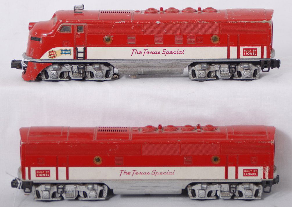 Lionel 2245 MKT The Texas Special F3 A-B: Postwar Lionel O gauge 2245 MKT The Texas Special EMD F3 diesel A-B units, touchups on powered unit, clean battery compartment, C6.