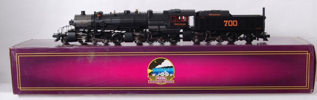 MTH Virginian Triplex with Proto 2.0: MTH modern O gauge 20-3101-1 Virginian Triplex steam locomotive in OB. Loco features Protosound 2.0, DCS control, Protosmoke, Protocoupler, and more. Loco is C8 with run time. A very neat locomotive t