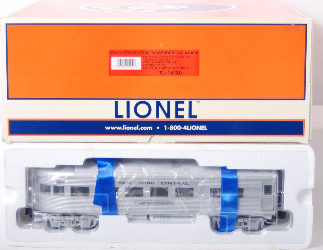 Lionel 15180 New York Central pass. car 4 pack: Lionel modern O gauge 15180 New York Central passenger car four pack. Includes 15181 9100 baggage, 15182 Hamilton Fish coach, 15183 Samuel J. Tilden vista dome and 15184 Franklin D. Roosevelt observat