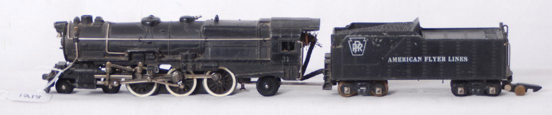 American Flyer 312 PRR 4-6-2 w/tender: Postwar American Flyer S gauge 312 Pennsylvania Pacific steam locomotive and tender, C6+.