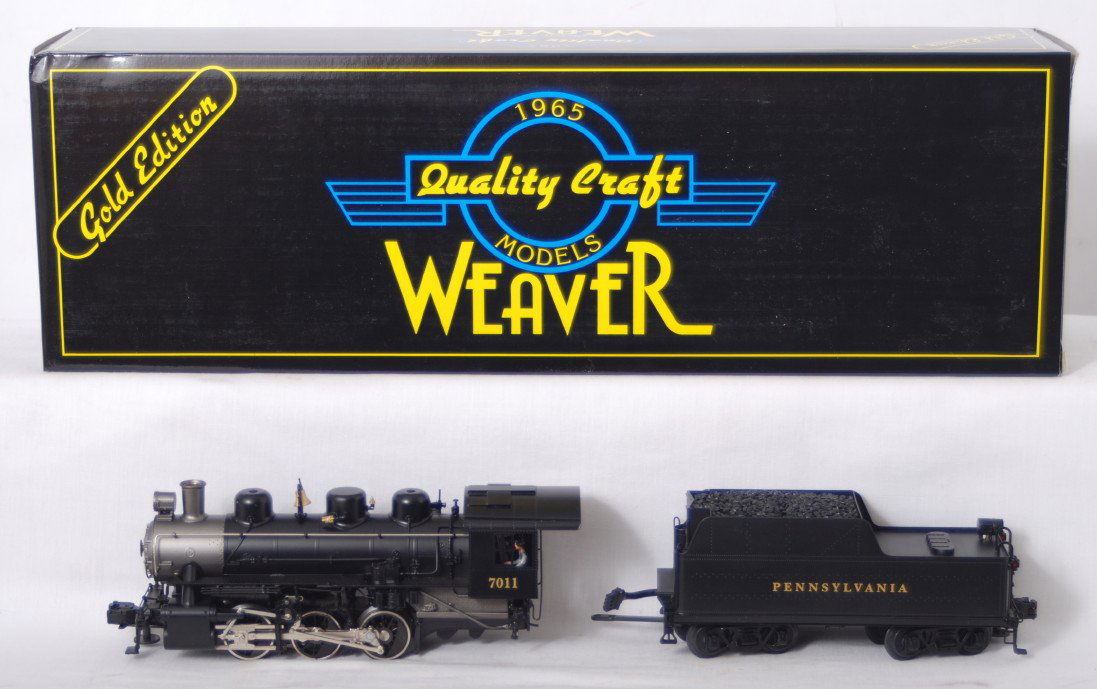 Weaver USRA Pennsylvania 0-6-0 switcher: Weaver modern O gauge Pennsylvania 0-6-0 USRA steam locomotive in OB. Loco is brass construction with can motor, smoke, and more. Loco is C8 with run time. Locomotive original box has light corner and