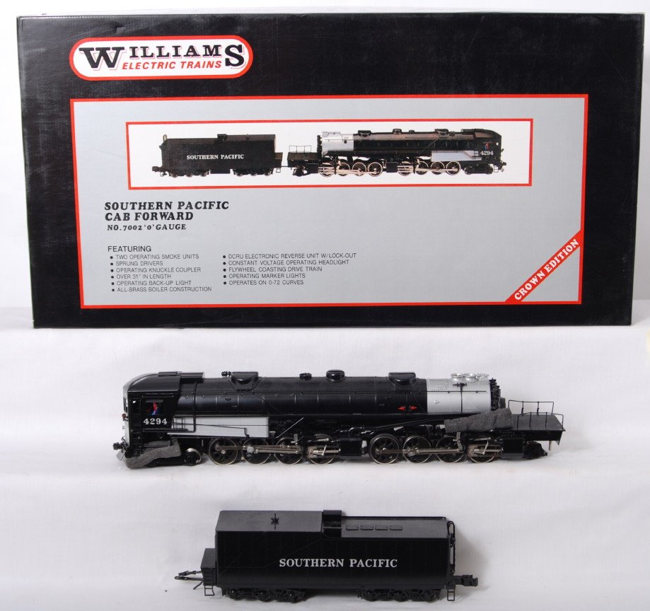 Williams Southern Pacific cab forward with TMCC: Williams modern O gauge 7002 brass cab forward steam locomotive in OB. Loco has been converted to TMCC and articulated Railsounds by Digital Dynamics. C8 with run time.