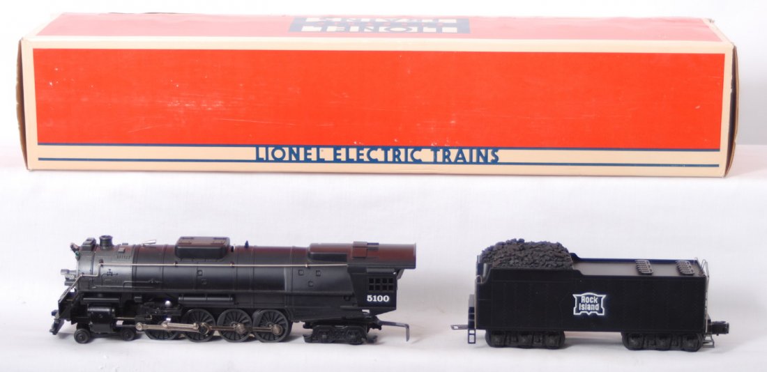 Lionel 18001 Rock Island 4-8-4: Lionel modern O Gauge Rock Island 18001 Northern locomotive in OB. Loco features smoke, whistle, and sound of steam. Loco is C8 condition with run time. Loco box is about 60 percent skinned on one sid