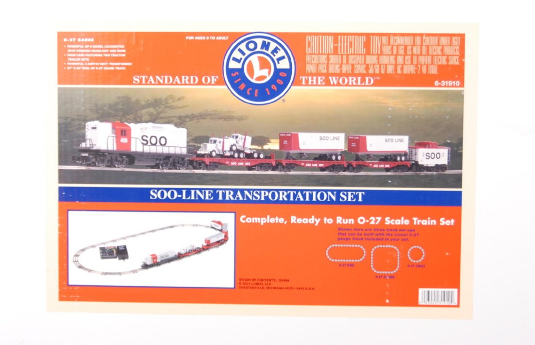 Lionel 31910 Soo-Line Transportation Set: Lionel modern O gauge 31910 Soo-Line transportation freight in set box with individual OBs. Trains are C9-10 and appear unrun. Set lid has light staining on one corner.