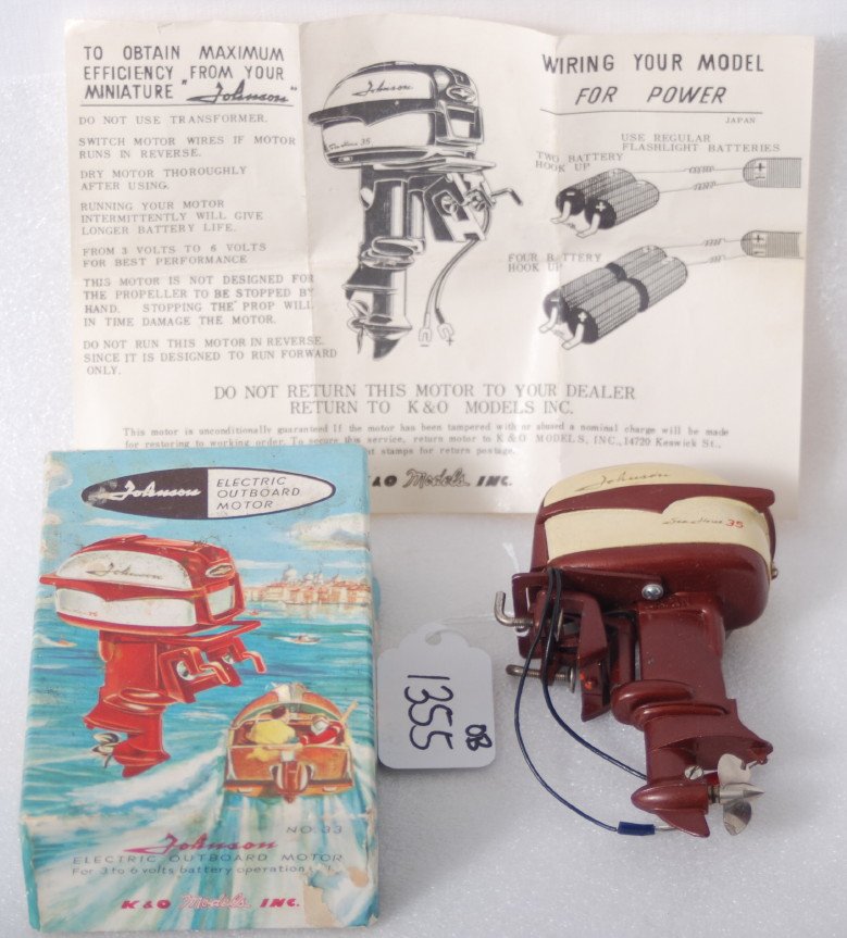 K&O Models No. 33 Johnson Sea Horse 35 in OB: K&O Models No. 33 Johnson Sea Horse 35 battery operated toy outboard motor in original box with insert and instructions sheet, C9. Box is slightly soiled, C8.