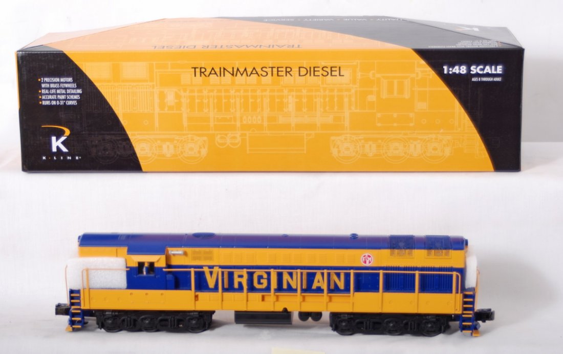 K Line Virginian FM Train master: K Line modern O gauge K2499-0052HS Virginian FM Train master diesel locomotive in OB. Loco features horn, smoke. and directional lighting. C8.
