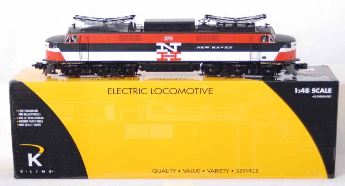 K Line New Haven EP-5 electric loco: K Line modern O gauge New Haven K2749-0375CV electric loco in OB. Loco is C8 with run time. OB has some light wear.