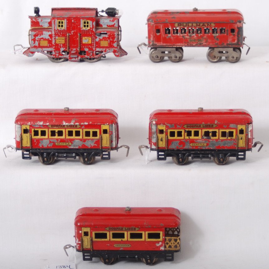 Dorfan No. 52, Boston w/silh., Seattle x2, observ: Prewar Dorfan O gauge No. 52 electric locomotive with a Boston passenger coach with lithographed tinplate silhouettes, two Seattle passenger coaches, and an observation passenger car. Trains look nice