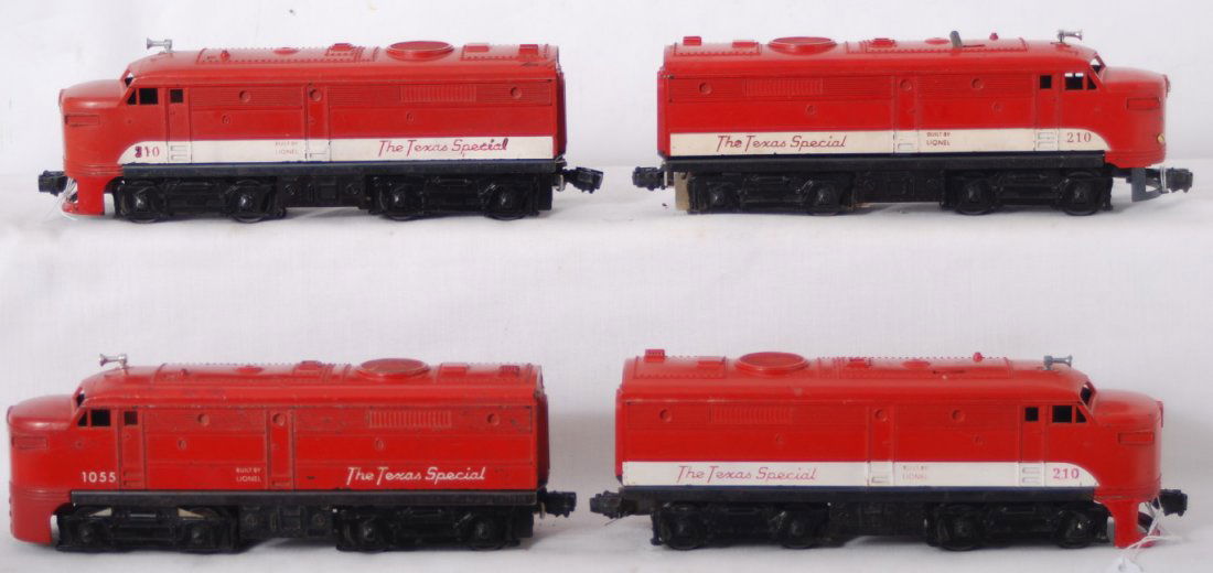 Lionel 210P, 210T, 210P, 1055 The Texas Special A: Postwar Lionel O gauge MKT The Texas Special Alco diesel A unit locomotives, two 210P powered units, 210T dummy A unit, and a 1055P powered unit. All have damaged and or repaired pilots and some have