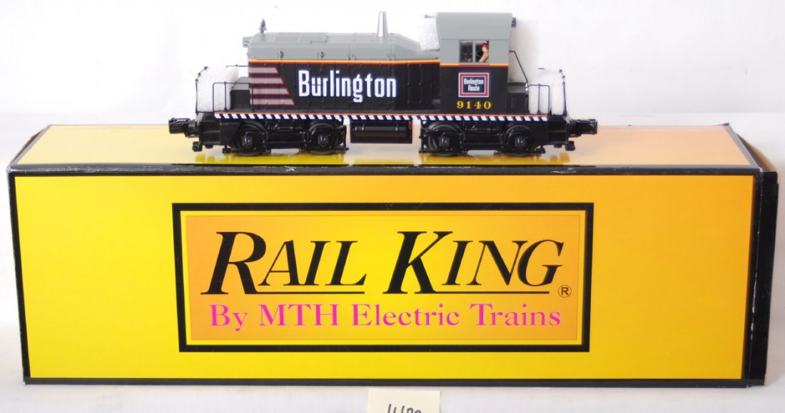 Railking Burlington SW-1 with Proto 2: MTH Railking modern O gauge 30-2965-1 Burlington SW-1 diesel locomotive in OB. Loco features Protosound 2.0, DCS control, Protocouplers, and more. Loco is C8 with run time.