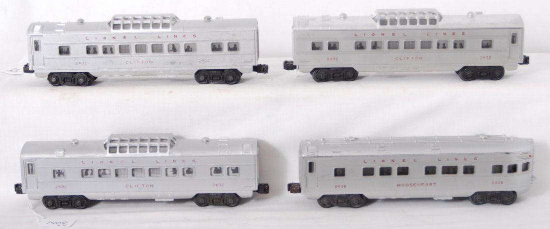 Lionel 2432, 2432, 2432, 2436 red letter passenge: Postwar Lionel O gauge red lettered passenger cars, three 2432 Clifton vista domes, and a 2436 Mooseheart observation. Three repainted roofs, C6.