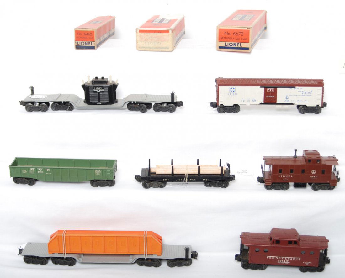 Lionel 6518, 6418, 6462-25, 6672, 3461, 6417, 6457: Postwar Lionel O gauge 6518 transformer car, 6418 flatcar w/three girders (missing a brake wheel), 6462-25 NYC gondola, 6672 Santa Fe reefer, 3461 automatic lumber car, 6417 Pennsylvania NYC zone cabo