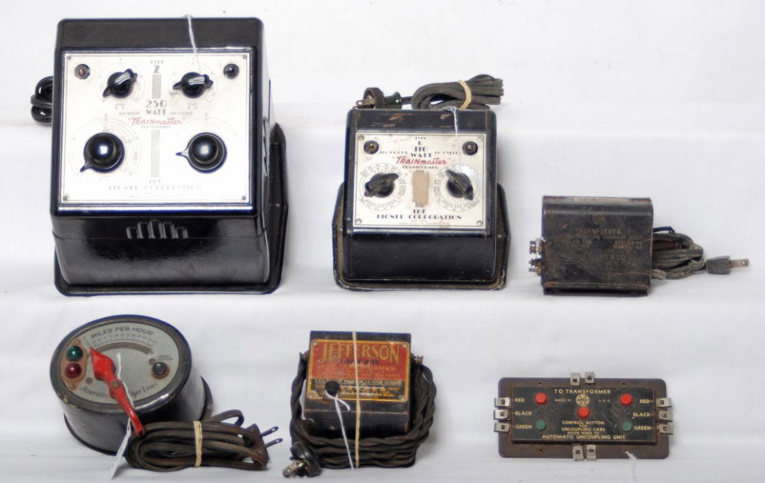 Lionel, Marx, American Flyer, Jefferson transformer: Prewar and postwar Lionel, Marx, American Flyer and Jefferson transformers. Lionel type Z and R. Marx model 729. American Flyer 8B. Jefferson Little Jeff. Also included is a Marx automatic uncoupling