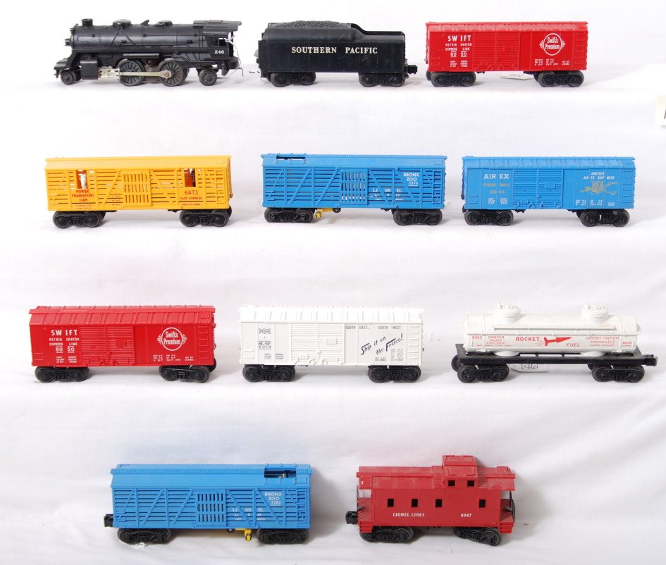 Lionel 246, 6473, 6463, etc. : Lionel Postwar O gauge 246 loco with Southern Pacific tender, 6050 Swift savings bank car, 6014 Frisco boxcar, 3376 Zoo car, 6473 horse transport, 3386 Zoo car, 6463 rocket fuel car, 6050 Swift saving