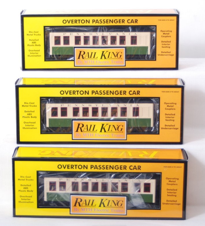 Railking Pennsylvania Overton three car set: MTH Railking modern O gauge 30-6410 Pennsylvania Overton green and cream three car passenger set in OBs. C8.