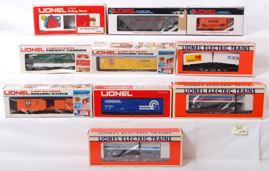 10 Lionel freight cars 17887, 19315, 9880, 9678, e: Lionel modern O gauge freight cars in OBs. Ten cars include 9678 TTOS convention boxcar, 19316 Wabash hopper, 9880 Santa Fe reefer, 7712 Santa Fe reefer, 9785 Conrail boxcar, 19315 Amtrak ore car, 927