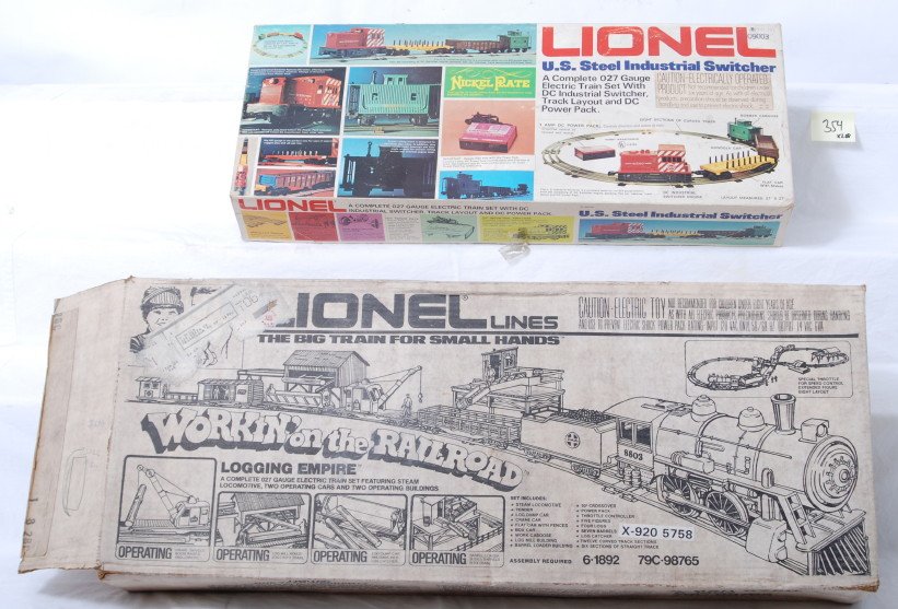 2 Lionel sets X-920 5758 and 1380: Lionel modern O gauge train sets. Includes X-920 5758 working on the Railroad and 1380 Industrial switcher set. C9 area. OBs have some wear.