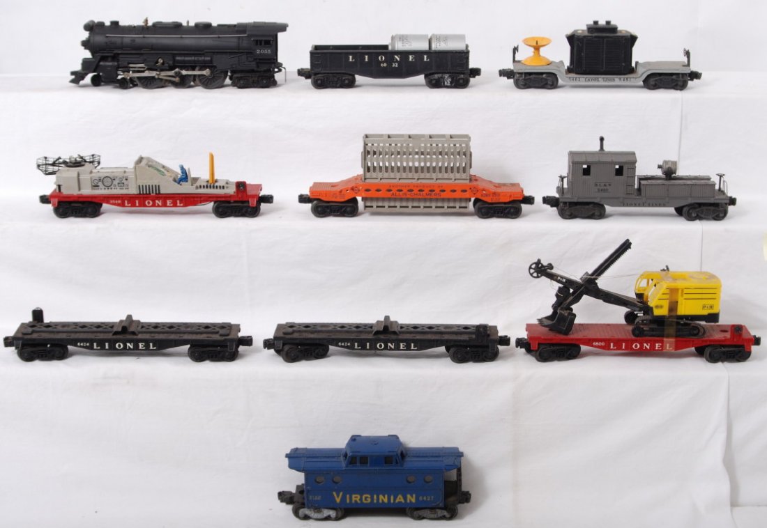 Lionel 2055, 6461, 3540, 6800, 6519, 6424, 6427, m: Postwar Lionel O gauge 2055 steam locomotive (repainted), 6461 transformer car (no insulators), 3540 radar car (missing trim)6800 with modern era load, 6519 Allis Chalmers car (no brake wheels), 6032