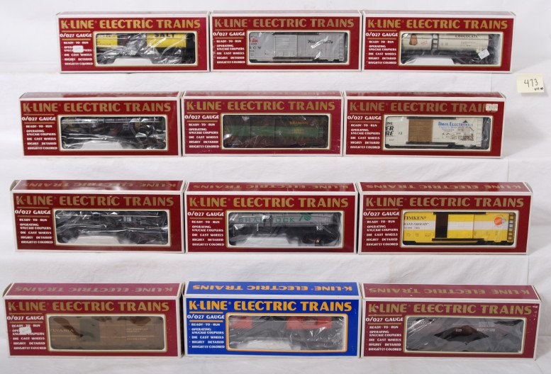 12 K line freight cars Rio Grande, PRR, etc: K Line modern O gauge freight cars in OBs. Twelve cars include 6325 Pennsalt tank car, 6332 Bakers tank car, 647702 Rio Grande boxcar, 6344 Erie tank car, 6438 Reading boxcar, 910002 Davis boxcar, 633