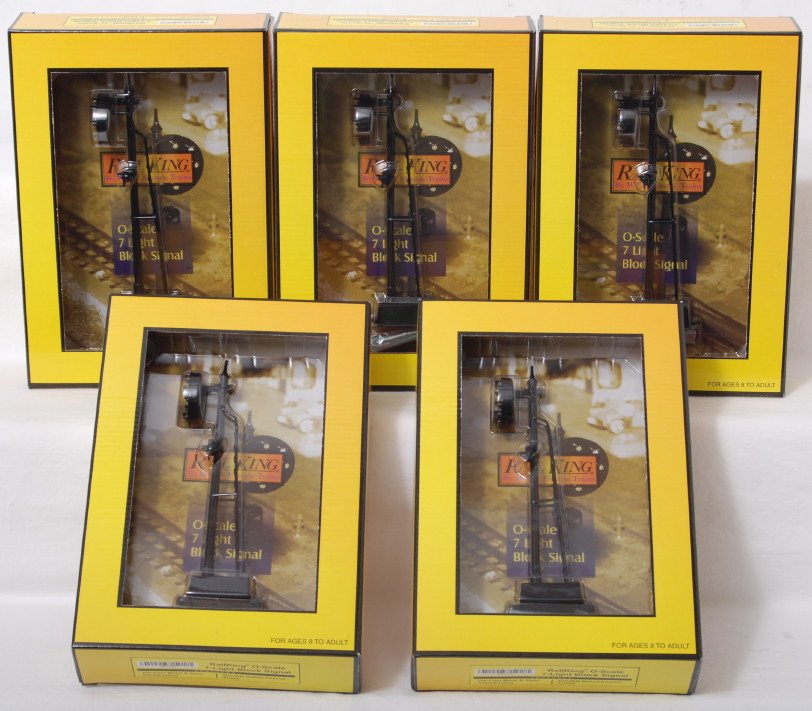 5 Railking 7 light block signals: MTH Railking modern O gauge 30-11013 seven light block signals in OBs. Five signals total C10.