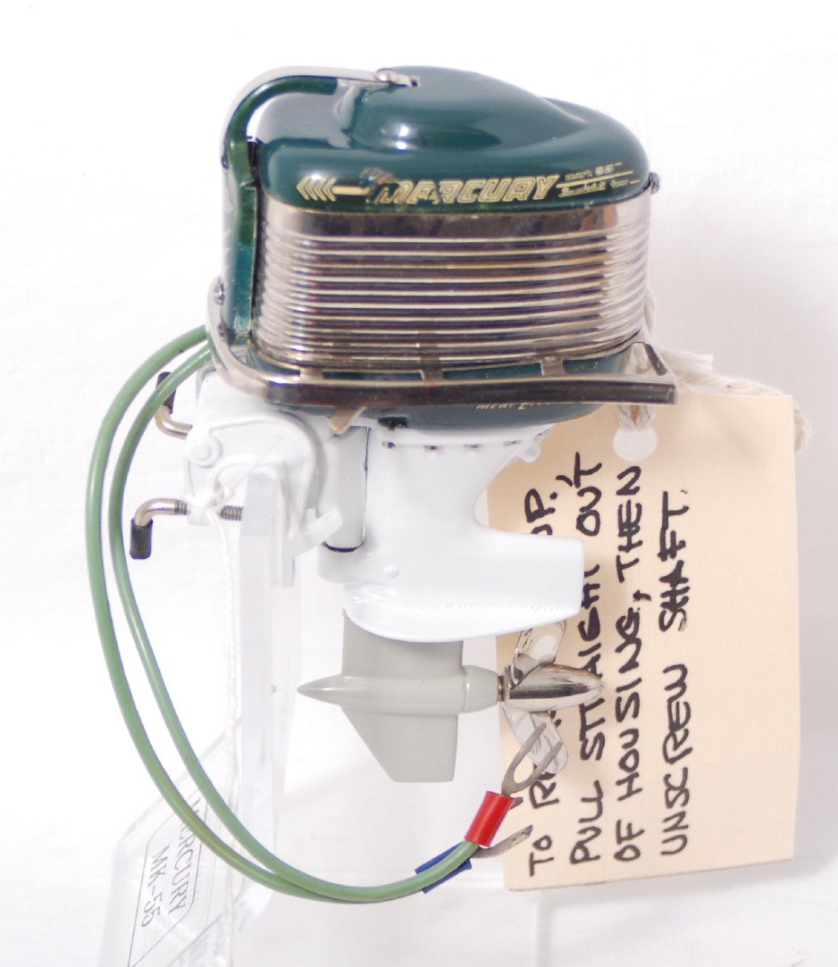 Mercury Mark MK-55 battery op. toy outboard boat : Mercury Mark 55 Thunderbolt Four, MK-55 battery operated toy outboard boat motor, C7. Also present and included is a custom made acrylic base.