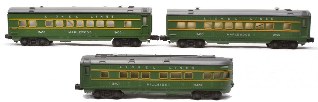 Lionel Green/Gray Passenger Cars 2400 2400 2401: Lionel postwar green and gray passenger cars including; two 2400 Maplewood Pullmans and a 2401 Hillside observation. The cars have yellow striping around windows and are C7-8.