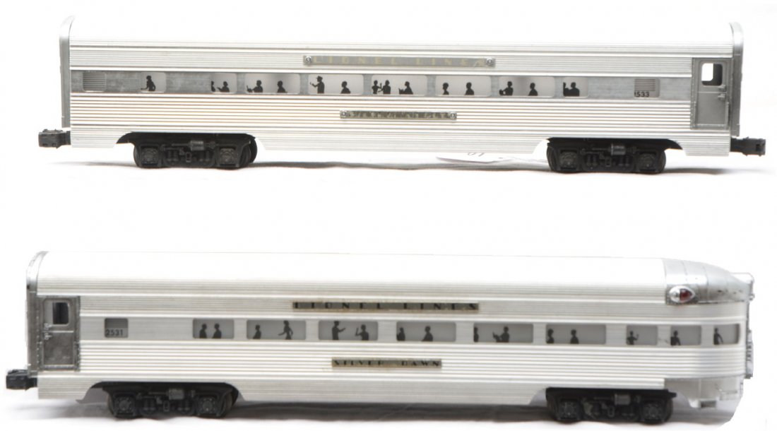 Lionel 2533 Silver Cloud 2531 Silver Dawn Cars: Lionel postwar aluminum 2533 Silver Cloud Pullman with nameplates attached with hex head screws and a 2531 Silver Dawn observation with glued on nameplates. Cars are C6-7.